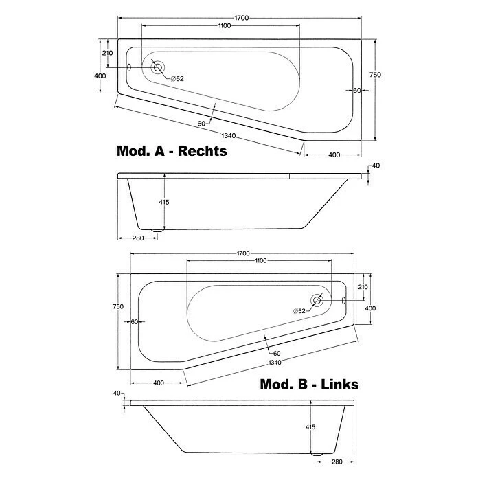 BAUHAUS Ottofond Badewanne Durban Rechtsseitig, 170 X 75/40 X 41,5 Cm, Sanitäracryl, Weiß – Bild 3