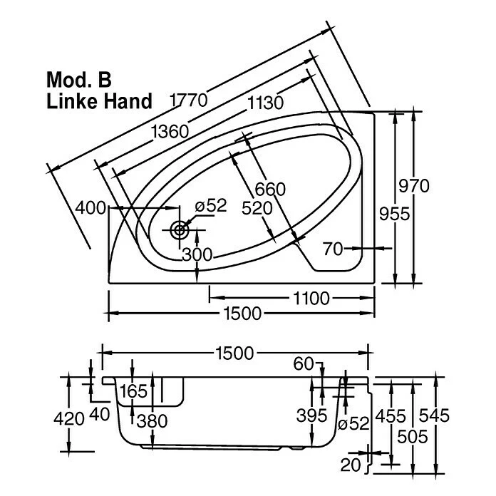 BAUHAUS Ottofond Badewanne Sansibar B Linksseitig, 150 X 97 Cm, Sanitäracryl, Weiß – Bild 3
