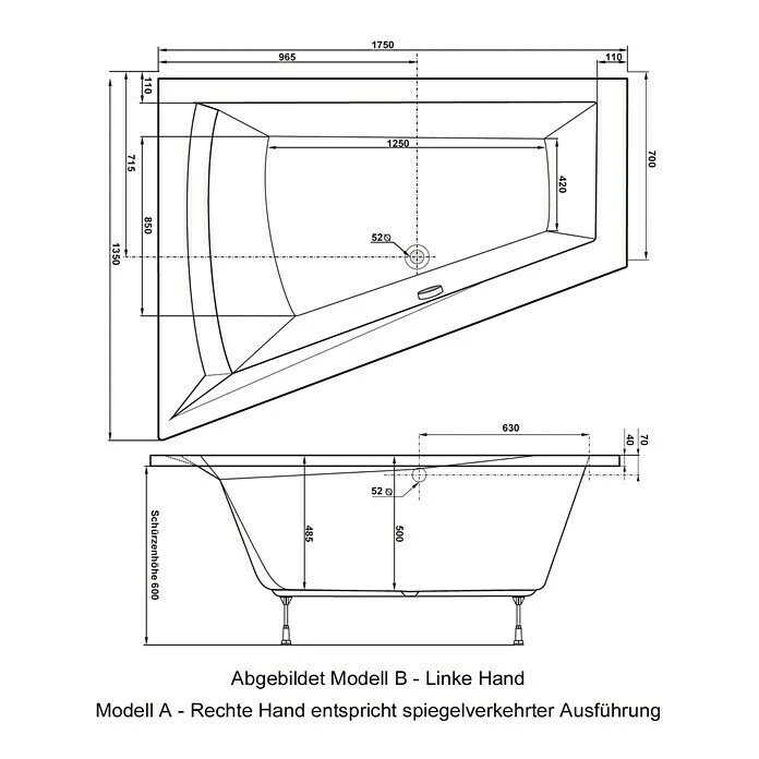 BAUHAUS Ottofond Whirlpool Cebu 2 B Linksseitig, 175 X 135/70 Cm, Sanitäracryl, Weiß – Bild 2