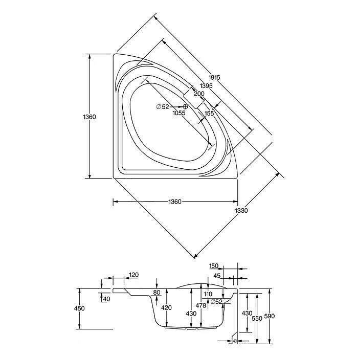 BAUHAUS Ottofond Eckbadewanne Papeete 136 X 136 Cm, Sanitäracryl, Weiß – Bild 3