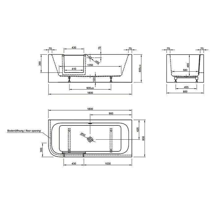 BAUHAUS Ottofond Badewanne Pueblo 180 X 80 Cm, Linksseitig, Mit Ab- & Überlaufgarnitur, Sanitäracryl, Weiß – Bild 6