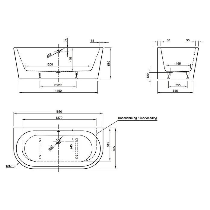 BAUHAUS Ottofond Badewanne Siesta 165 X 75 Cm, Sanitäracryl, Weiß – Bild 3