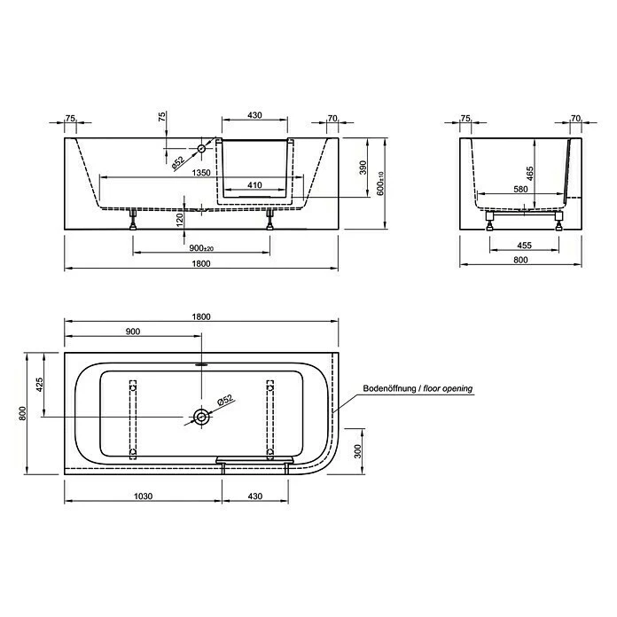 BAUHAUS Ottofond Badewanne Pueblo 180 X 80 Cm, Rechtsseitig, Mit Ab- & Überlaufgarnitur, Sanitäracryl, Weiß – Bild 6
