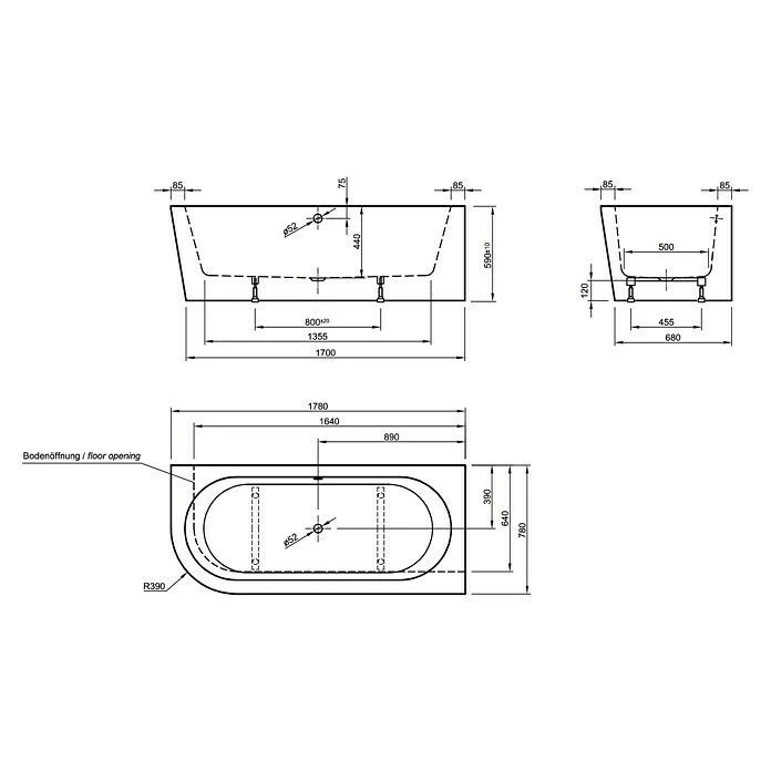 BAUHAUS Ottofond Badewanne Siesta Corner Linksseitig, 178 X 78 Cm, Sanitäracryl, Schwarz/Weiß – Bild 3