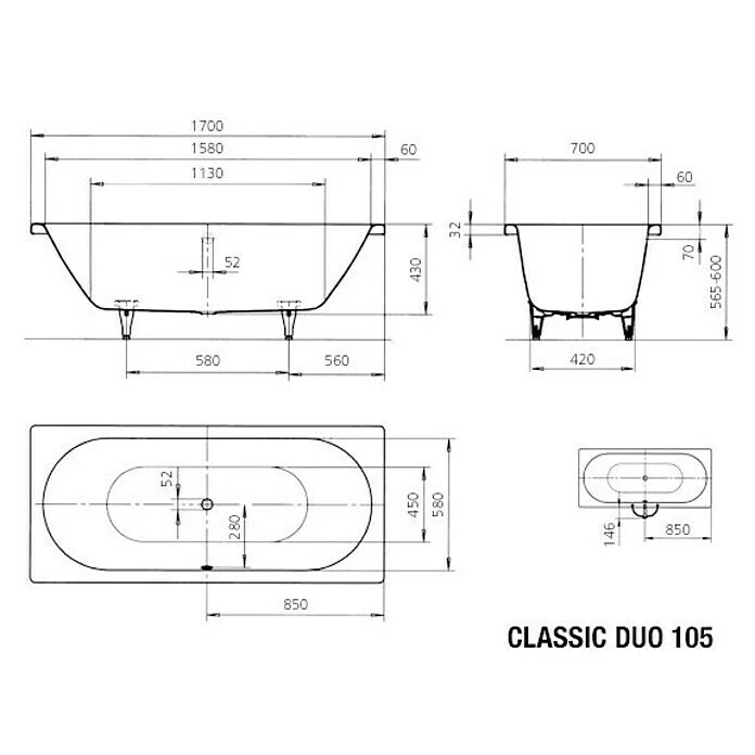 BAUHAUS Kaldewei Badewanne Classic Duo 105 170 X 70 Cm, Stahl-Email, Alpinweiß – Bild 2