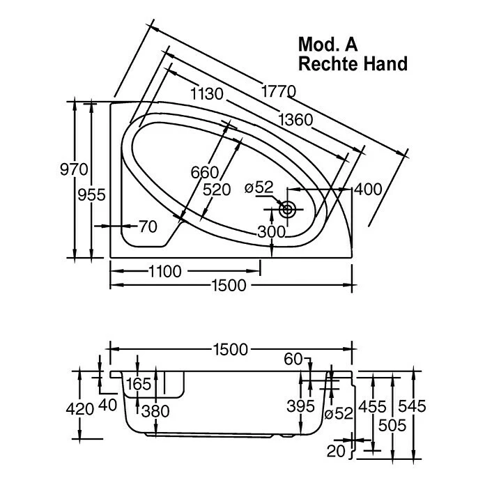 BAUHAUS Ottofond Badewanne Sansibar A Rechtsseitig, 150 X 97 Cm, Sanitäracryl, Weiß – Bild 3