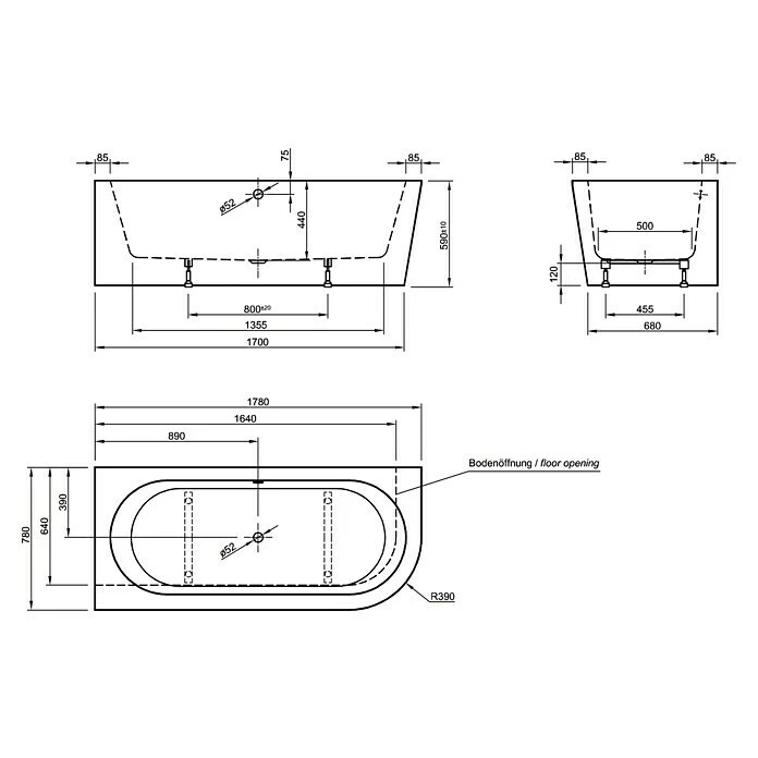 BAUHAUS Ottofond Badewanne Siesta Corner Rechtsseitig, 178 X 78 Cm, Sanitäracryl, Weiß – Bild 3
