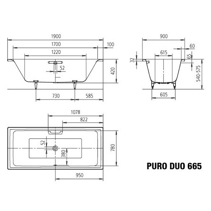 BAUHAUS Kaldewei Badewanne Puro Duo 665 190 X 90 Cm, Stahl-Email, Alpinweiß – Bild 2