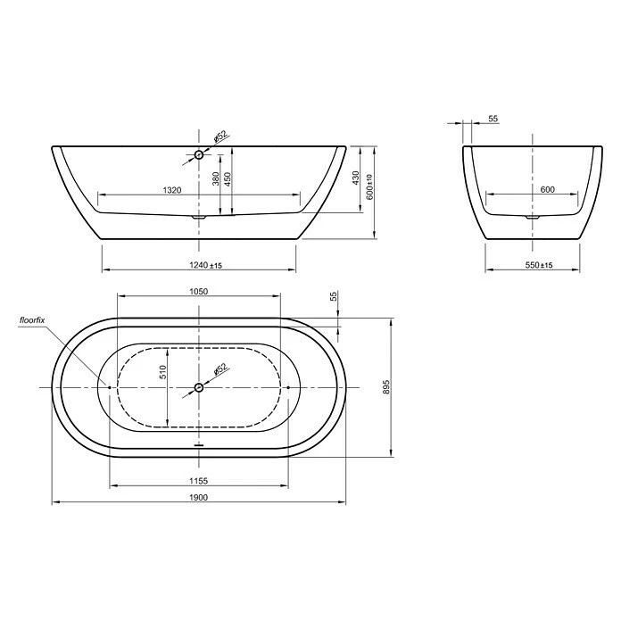 BAUHAUS Ottofond Freistehende Badewanne Dorado 190 X 90 Cm, Sanitäracryl, Weiß – Bild 4