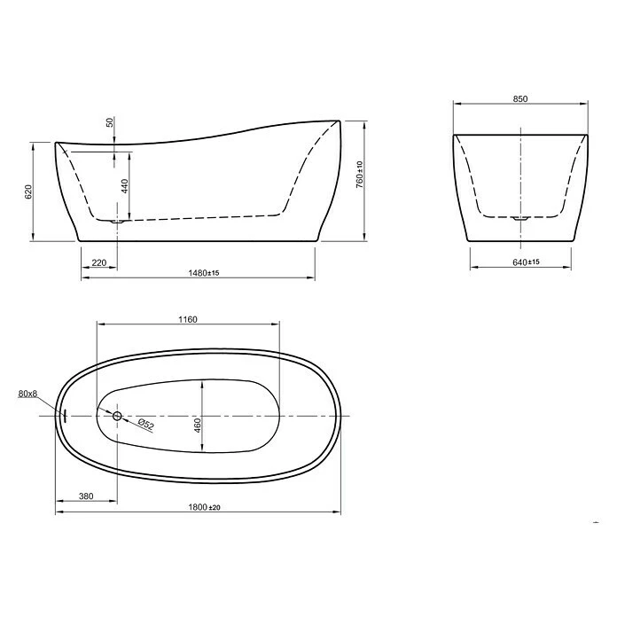 BAUHAUS Ottofond Freistehende Badewanne Domani 180 X 85 Cm, Sanitäracryl, Weiß – Bild 4