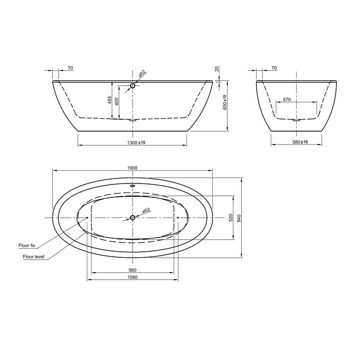 BAUHAUS Ottofond Freistehende Badewanne Jade 190 X 94 Cm, Sanitäracryl, Weiß – Bild 4