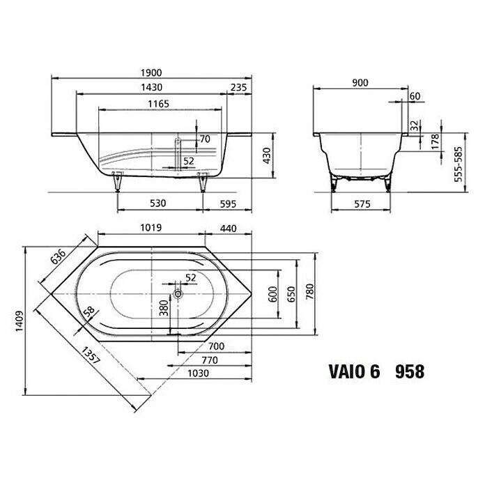 BAUHAUS Kaldewei Badewanne Vaio 6 190 X 90 Cm, Stahl-Email, Alpinweiß – Bild 2