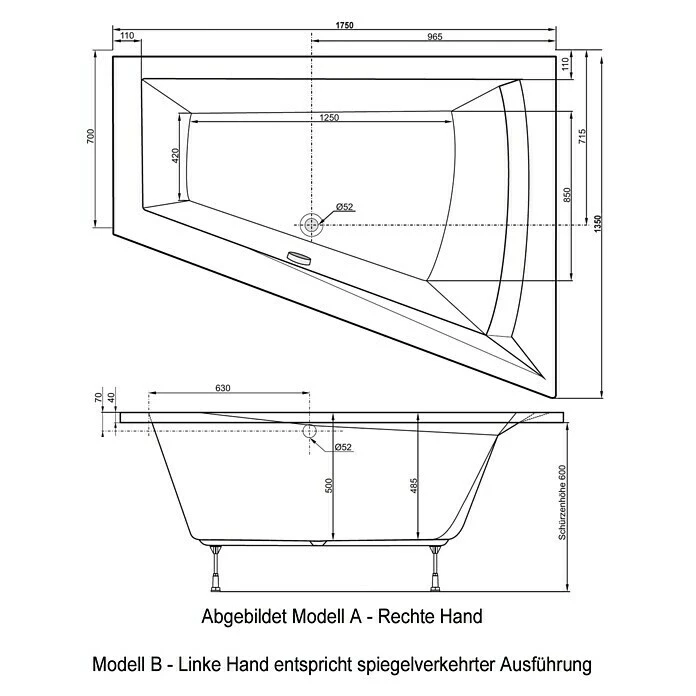 BAUHAUS Ottofond Badewanne Cebu 2 A Rechtsseitig, 175 X 135/70 X 50 Cm, Sanitäracryl, Weiß – Bild 3